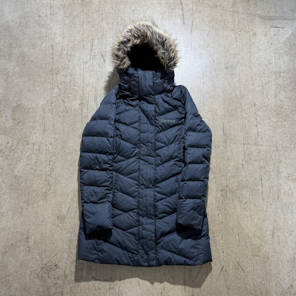 Marmot Coat Womens Small Blue Hooded Quilted Puffer Faux Fur Trim Warm Winter